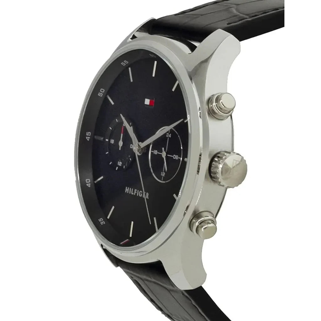 Left side perspective of the Tommy Hilfiger 1710424 black dial and black leather strap