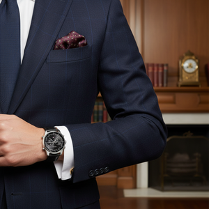 Male model wearing Tommy Hilfiger 1710424 silver watch with a business casual outfit