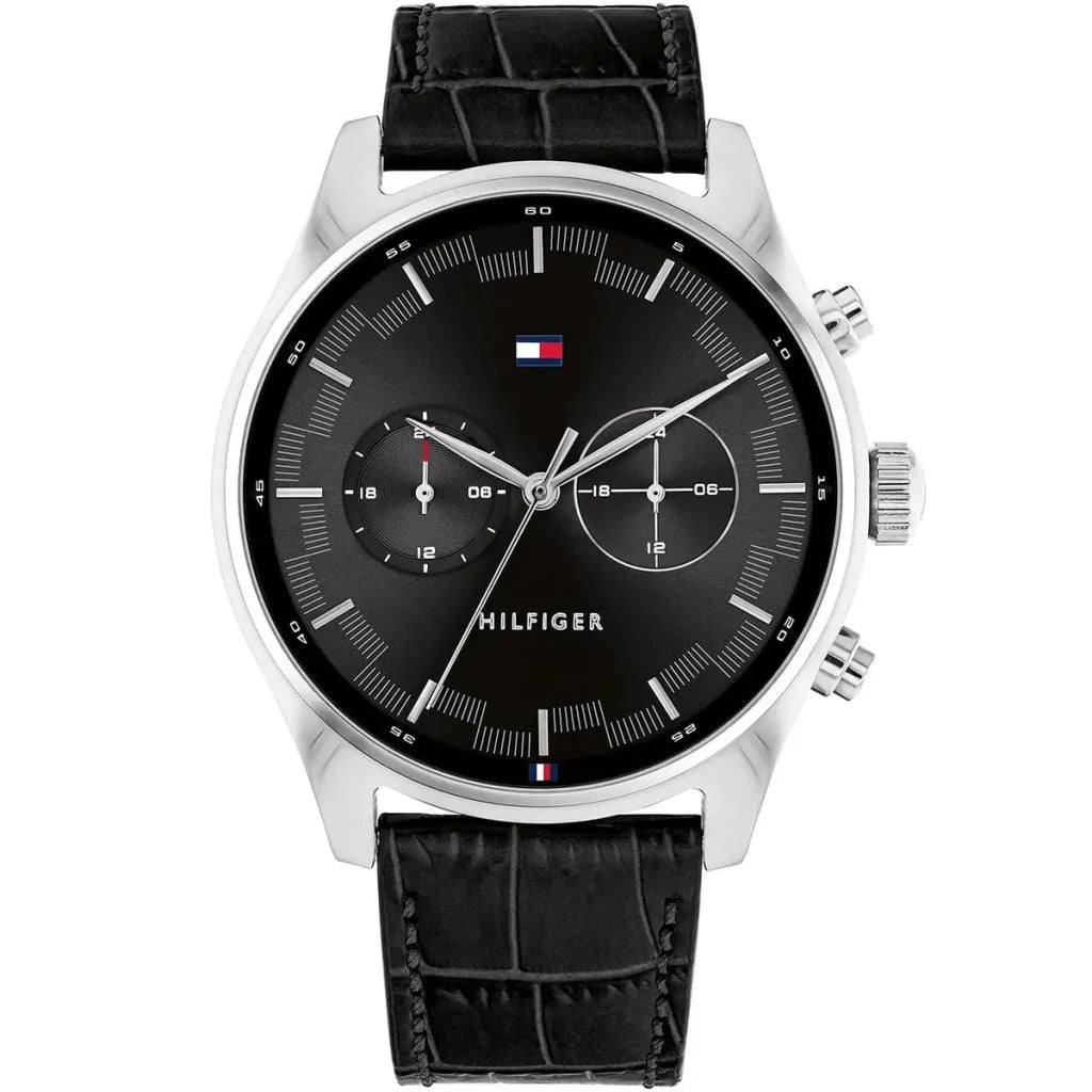 Tommy Hilfiger Sawyer 1710424 men's watch with silver case black dial and black leather strap