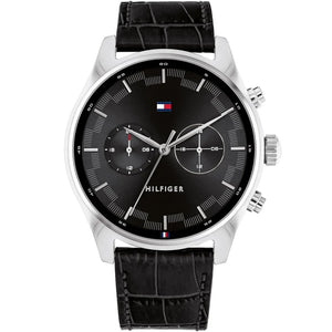 Tommy Hilfiger Sawyer 1710424 men's watch with silver case black dial and black leather strap