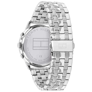 Left side perspective of the Tommy Hilfiger 1710431 grey dial and silver bracelet