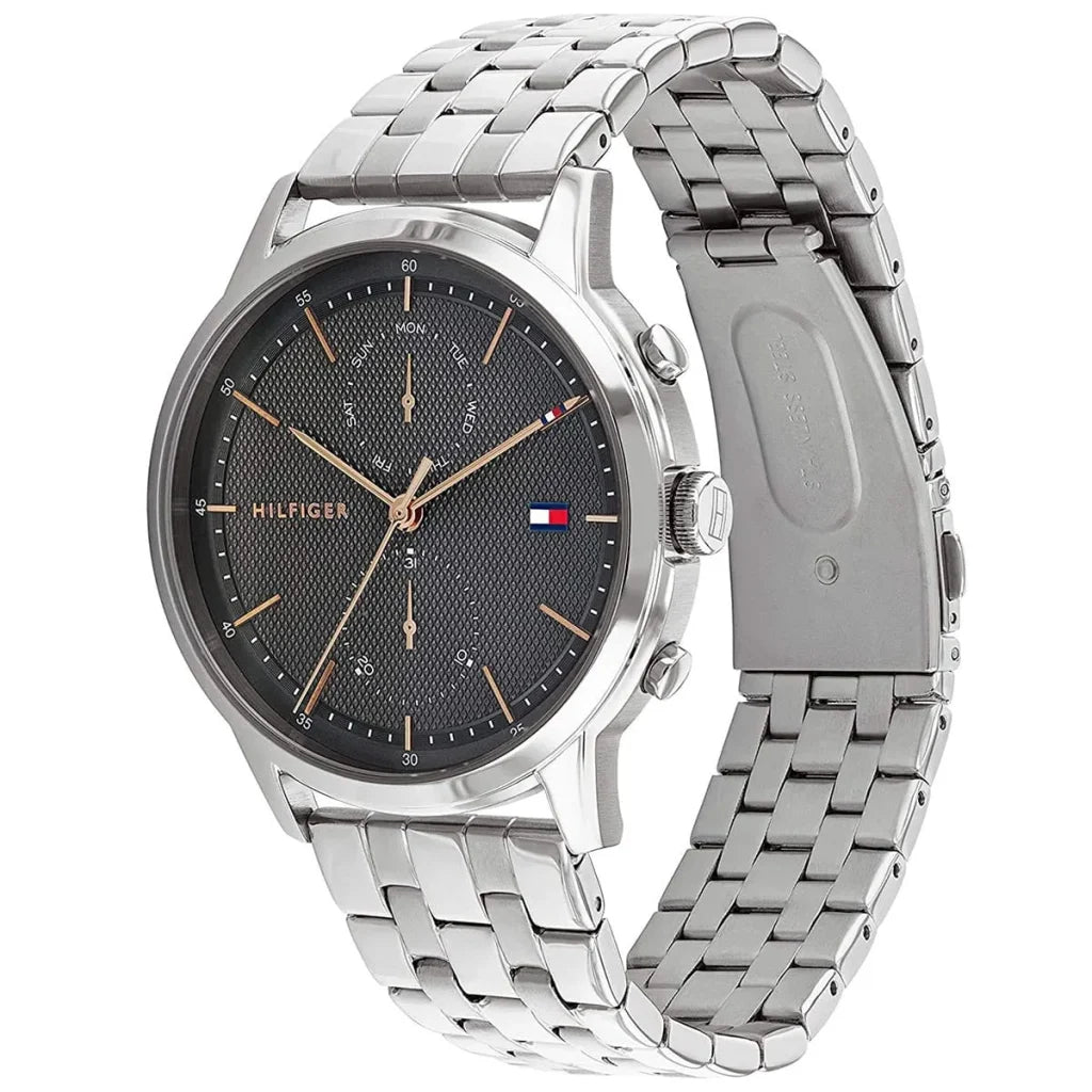 Angled view of the Tommy Hilfiger 1710431 highlighting the polished silver stainless steel case