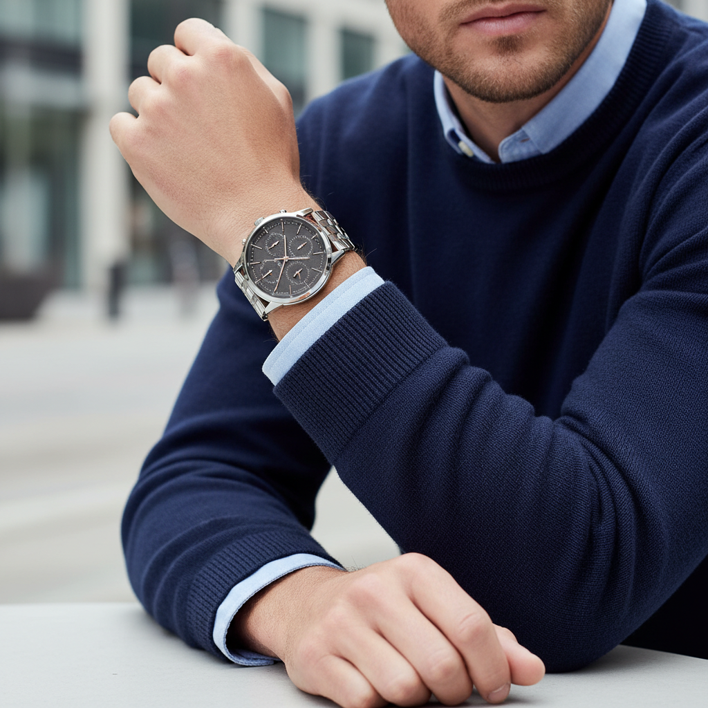 Male model wearing Tommy Hilfiger 1710431 silver watch with a smart business outfit