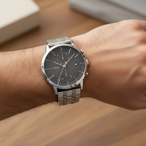 Close up shot of Tommy Hilfiger 1710431 watch on wrist showing the textured grey dial and rose gold hands