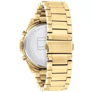 Left side perspective of the gold case and link bracelet details of the Tommy Hilfiger watch