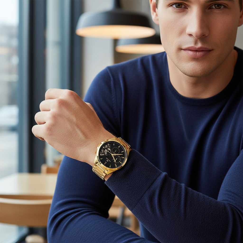 Man wearing Tommy Hilfiger Damon gold metal watch for a sophisticated, luxurious, and elegant professional look