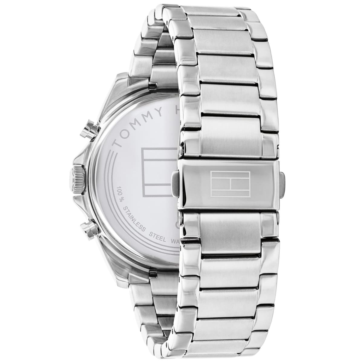 Left side perspective of the Tommy Hilfiger 1710448 blue dial and silver bracelet