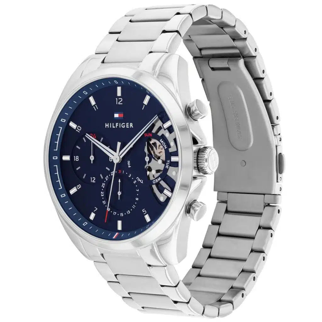 Angled view of the Tommy Hilfiger 1710448 highlighting the polished silver stainless steel case
