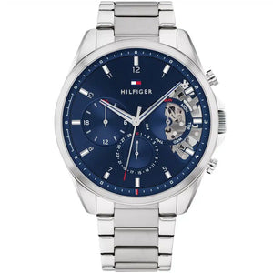 Tommy Hilfiger Baker 1710448 men's watch with silver case blue dial and skeleton detail