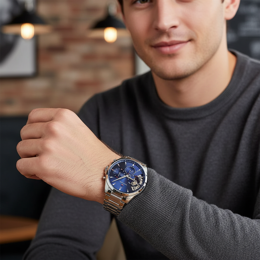 Male model wearing Tommy Hilfiger 1710448 silver watch with a smart business casual outfit