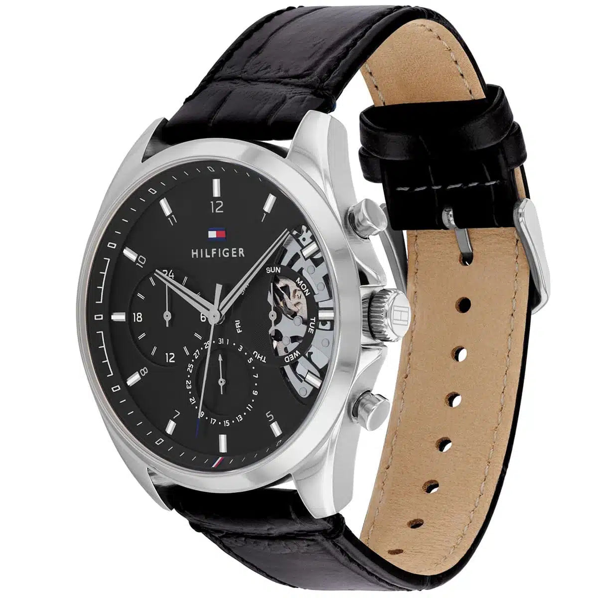 Angled view of Tommy Hilfiger 1710449 highlighting the polished silver-tone case and premium black leather strap