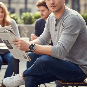 Man wearing Tommy Hilfiger Damon silver and black leather watch for a sophisticated, luxurious, and elegant professional look