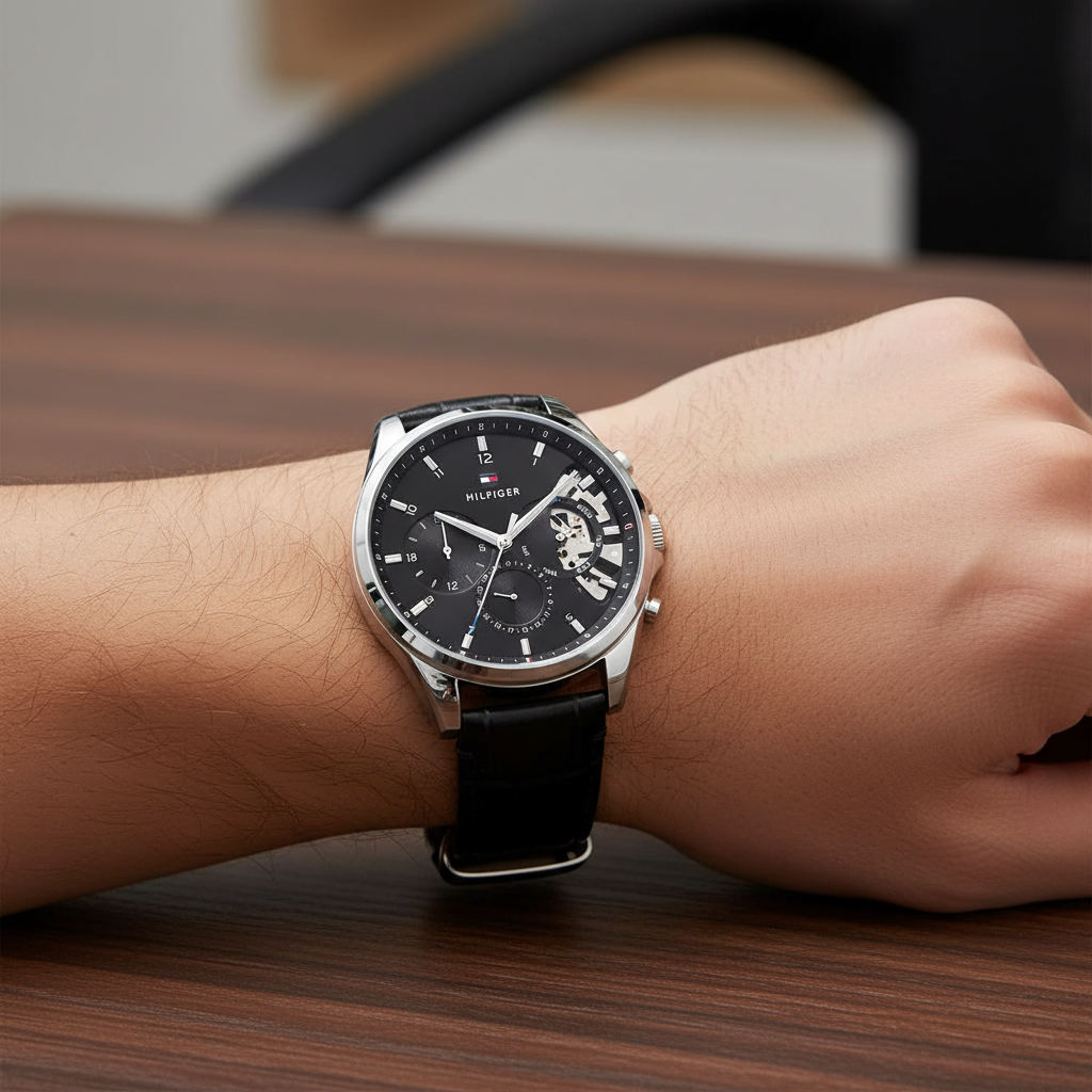Close up shot of Tommy Hilfiger 1710449 on wrist showing the black dial with silver-tone sub-dials and luminous hands