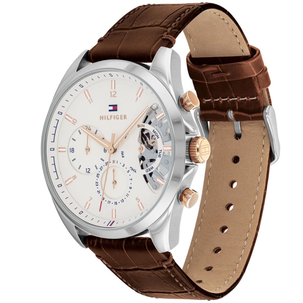 Detailed side view of the Tommy Hilfiger 1710450 watch crown and pushers