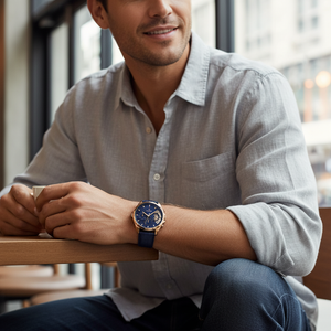 Man wearing Tommy Hilfiger Damon gold and blue leather watch for a sophisticated, luxurious, and elegant professional look