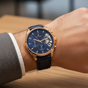 Close up shot of Tommy Hilfiger 1710451 on wrist showing the blue dial with gold-tone sub-dials and skeleton details