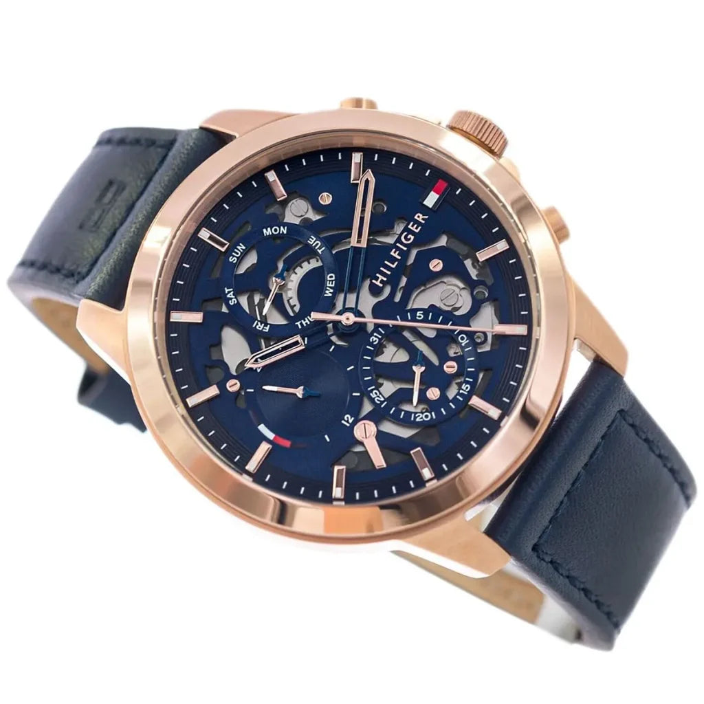 Left side perspective of the Tommy Hilfiger 1710475 blue skeleton dial and leather strap