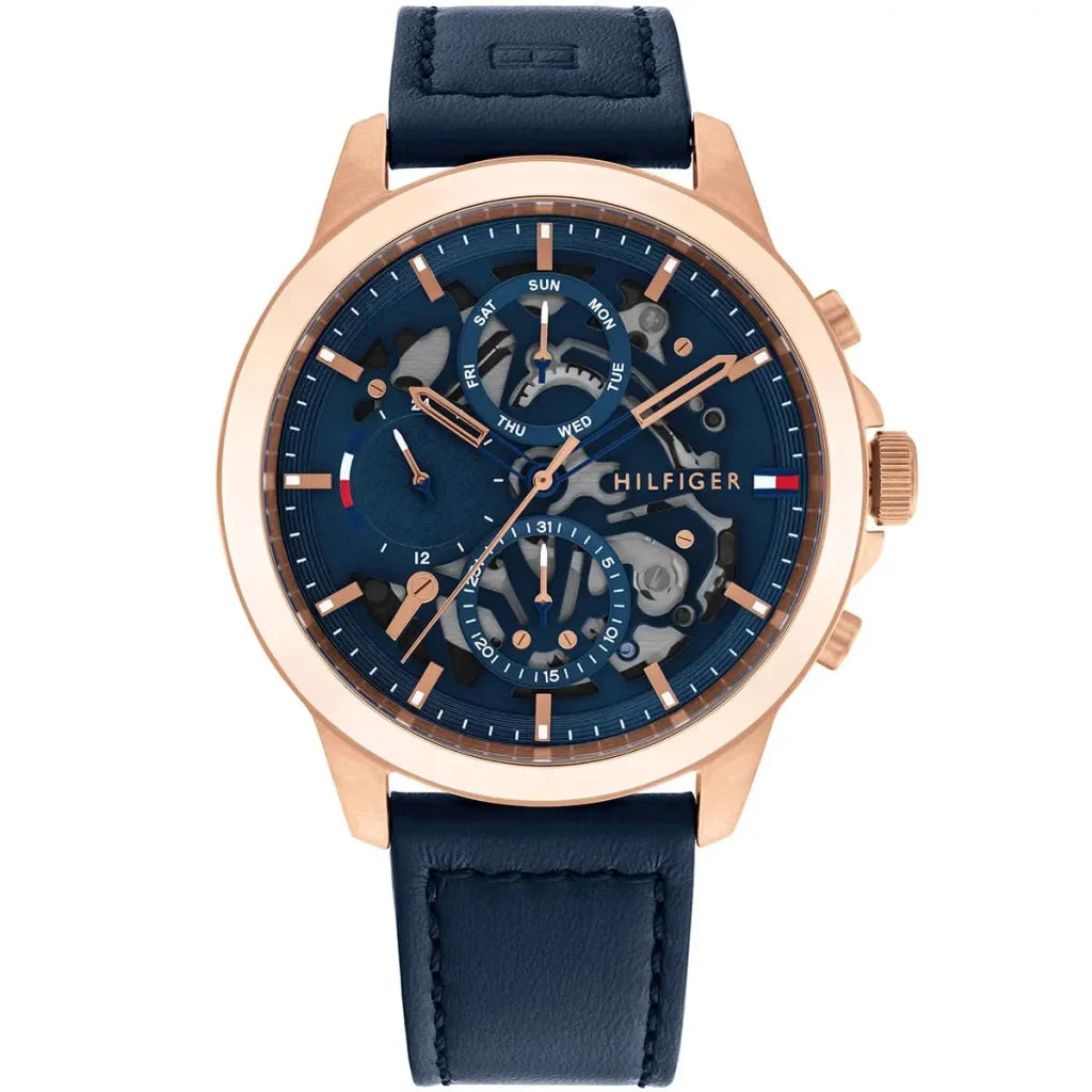 Tommy Hilfiger Henry 1710475 men's watch with rose gold case blue semi-skeleton dial and blue leather strap