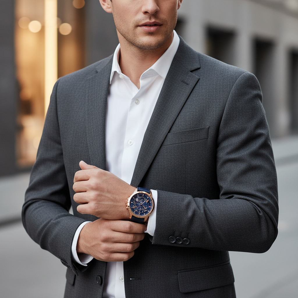 Male model wearing Tommy Hilfiger 1710475 rose gold watch with a fashionable blue outfit