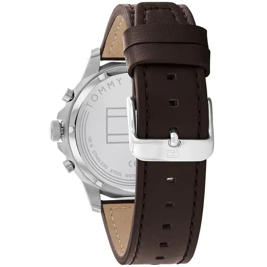 Silver-tone buckle on the genuine brown leather strap of the Tommy Hilfiger 1710476