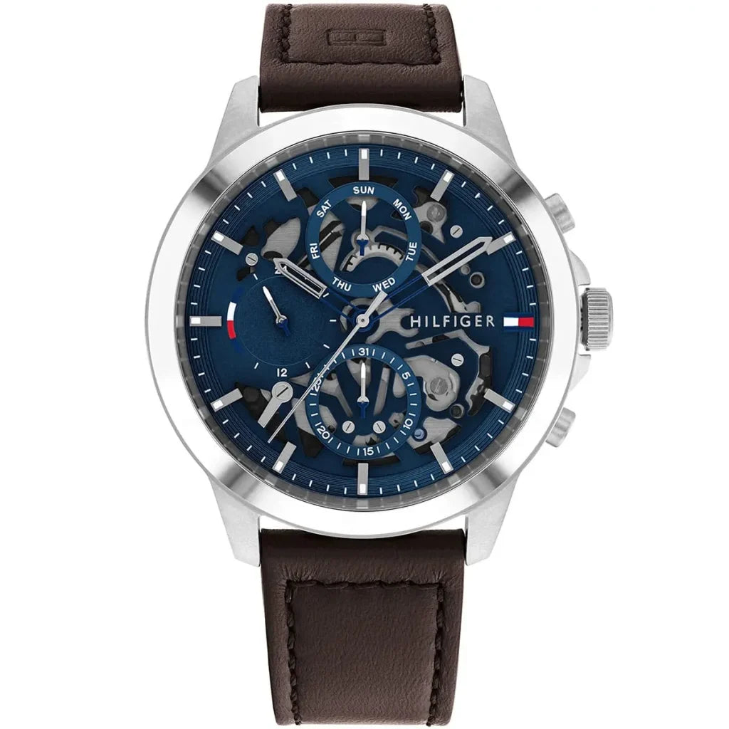 Tommy Hilfiger Henry 1710476 men's watch with silver case blue semi-skeleton dial and brown leather strap