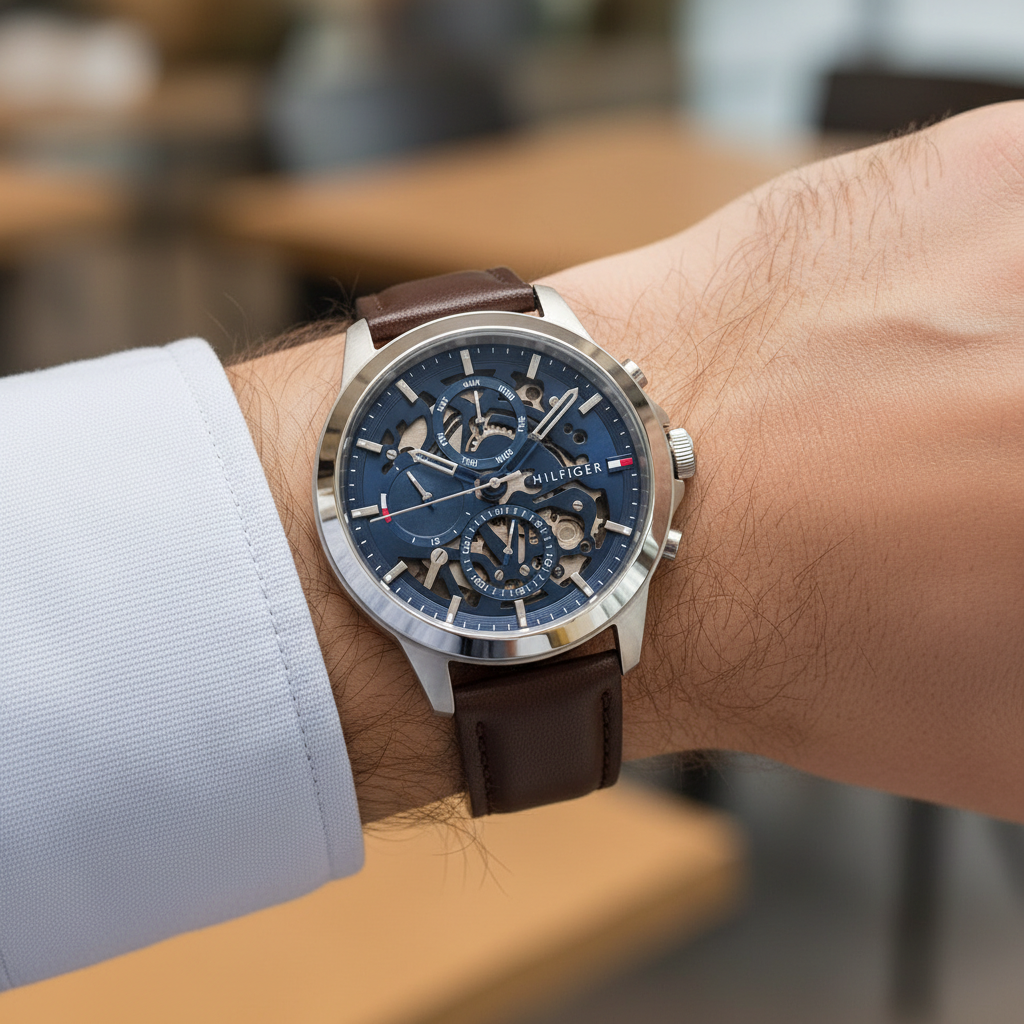 Close up shot of Tommy Hilfiger 1710476 watch on wrist showing the blue skeleton dial details