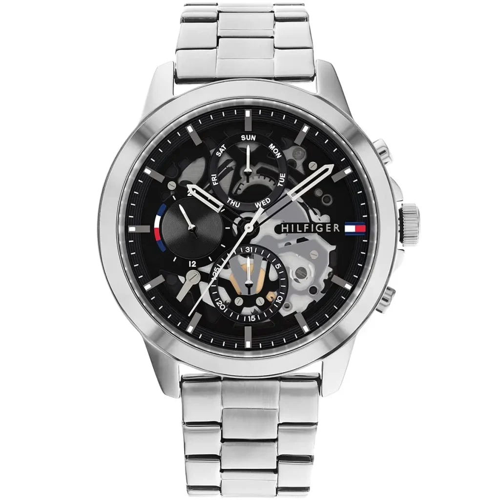 Tommy Hilfiger Henry 1710477 men's watch with silver case, skeleton dial, and stainless steel bracelet