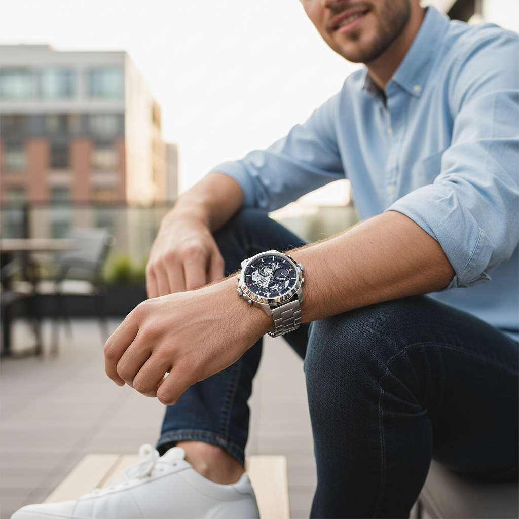 Male model wearing Tommy Hilfiger Henry 1710477 silver skeleton watch with a formal business outfit