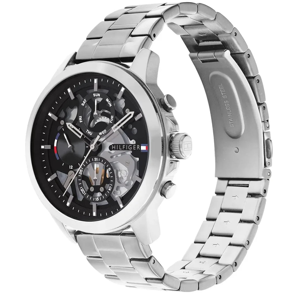 Side view of Tommy Hilfiger 1710477 showing the silver crown and polished case thickness