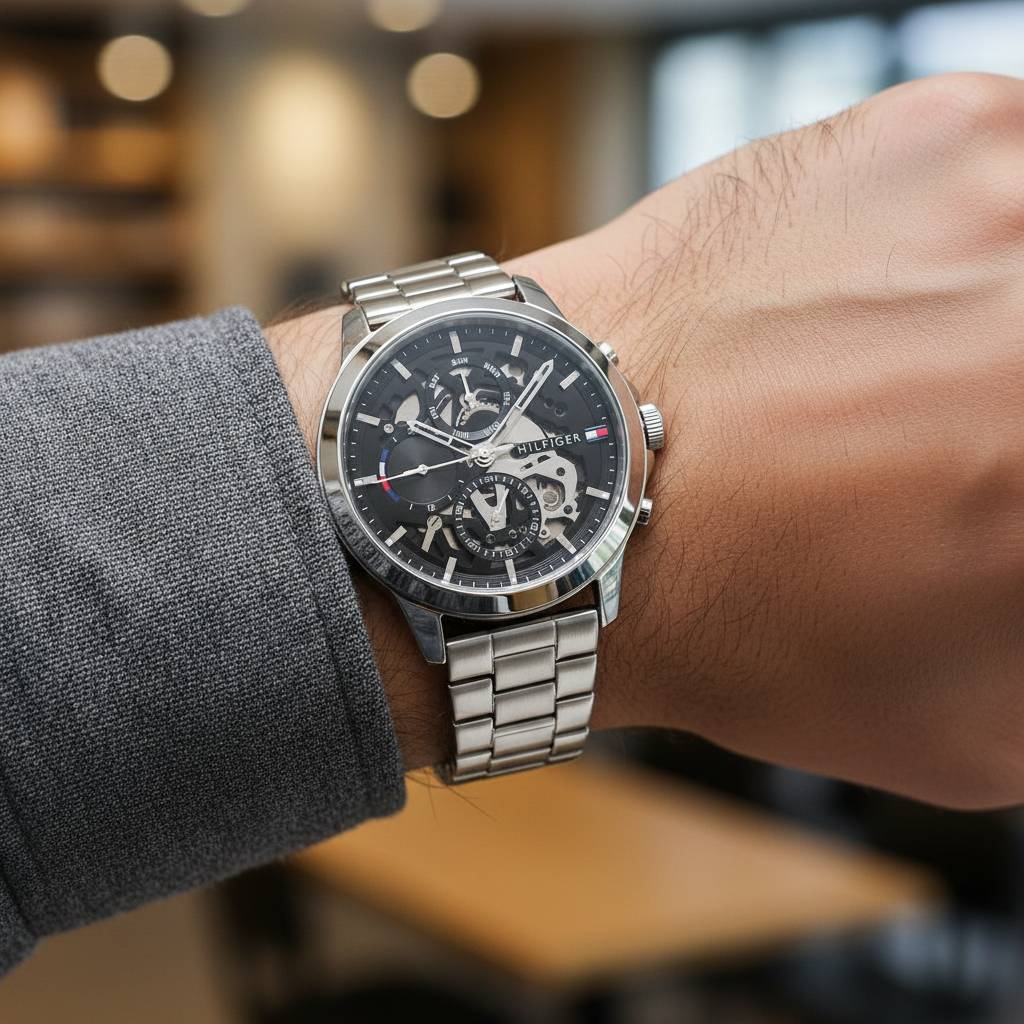 Detailed macro view of the skeleton dial revealing the intricate movement of Tommy Hilfiger 1710477