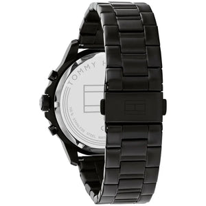Left side perspective of the Tommy Hilfiger 1710478 black skeleton dial and bracelet