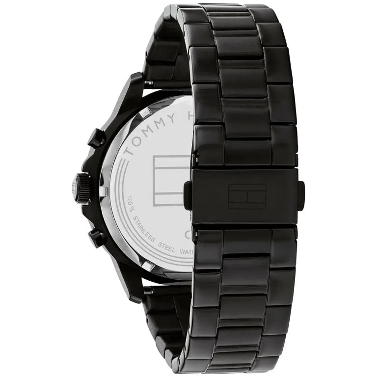 Left side perspective of the Tommy Hilfiger 1710478 black skeleton dial and bracelet