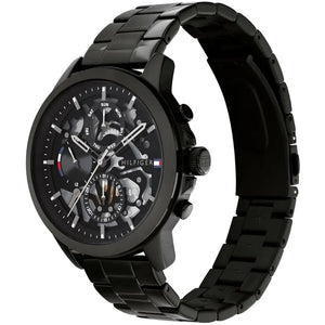 Angled view of the Tommy Hilfiger 1710478 highlighting the brushed black ion-plated stainless steel case