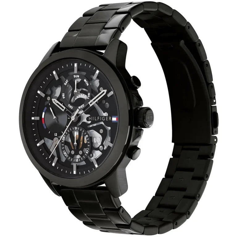 Angled view of the Tommy Hilfiger 1710478 highlighting the brushed black ion-plated stainless steel case