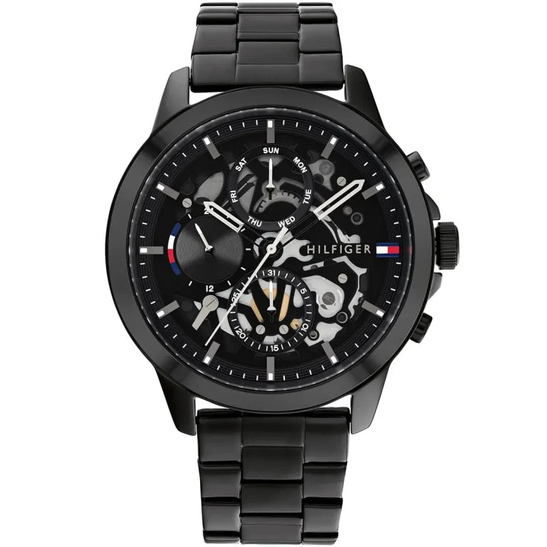 Tommy Hilfiger Henry 1710478 men's watch with black case skeleton dial and black steel bracelet