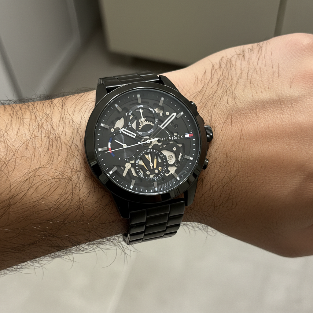 Close up shot of Tommy Hilfiger 1710478 watch on wrist showing the exposed gears and black finish