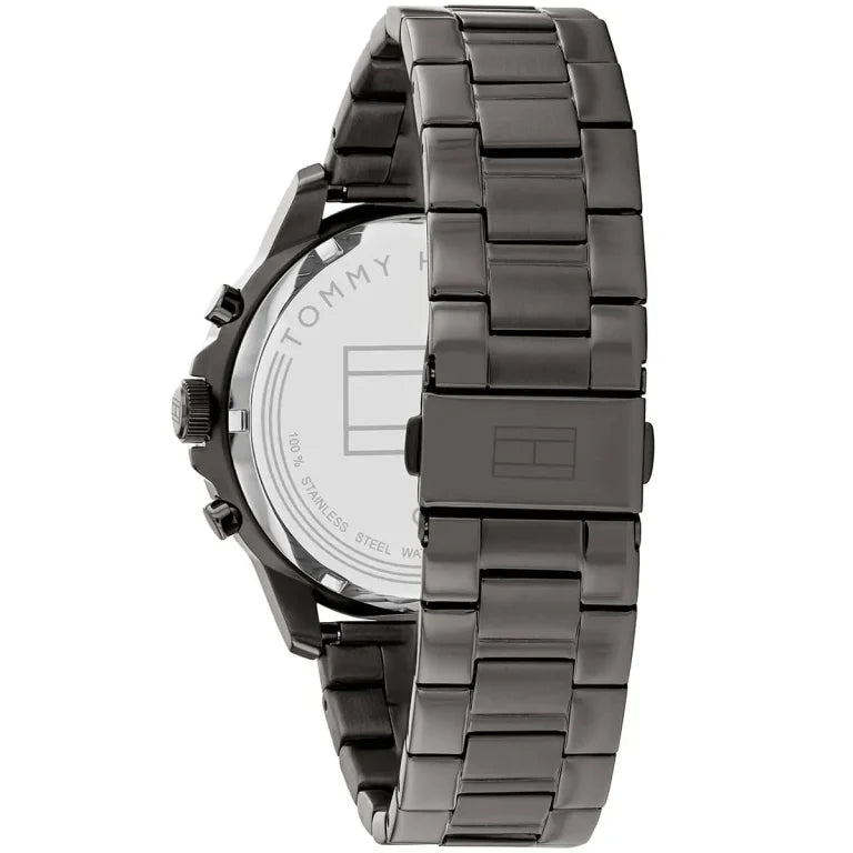Left side perspective of the Tommy Hilfiger 1710479 skeleton dial and gunmetal bracelet
