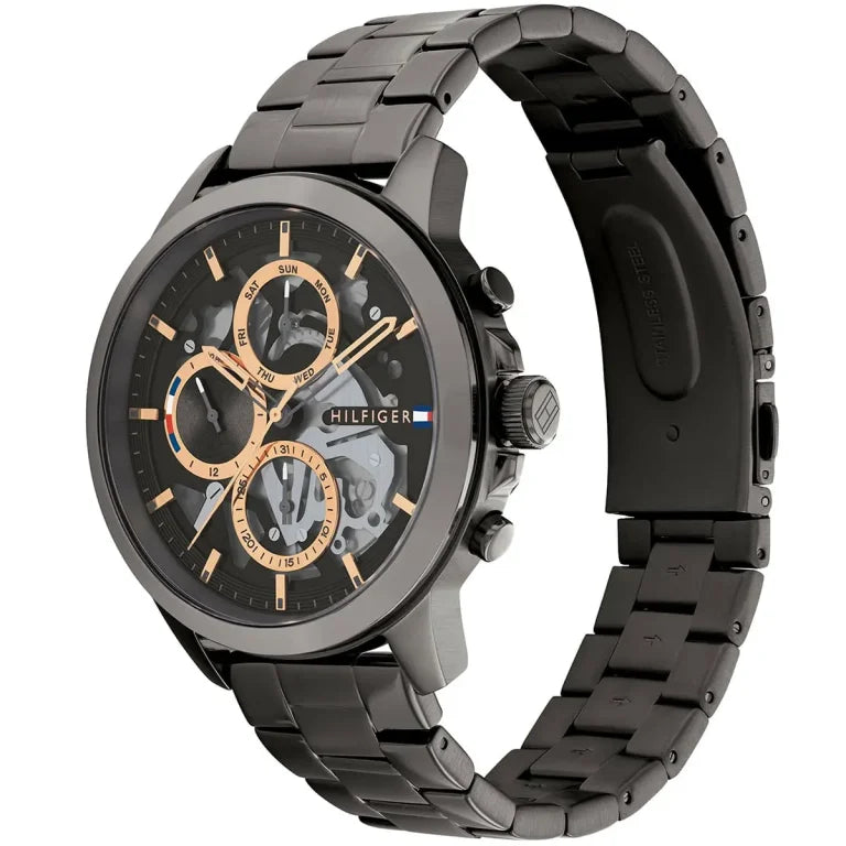 Angled view of the Tommy Hilfiger 1710479 highlighting the brushed gunmetal stainless steel case