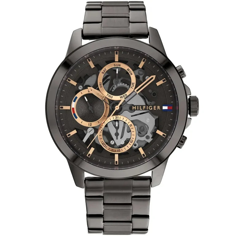 Tommy Hilfiger Henry 1710479 men's watch with gunmetal case skeleton dial and rose gold accents