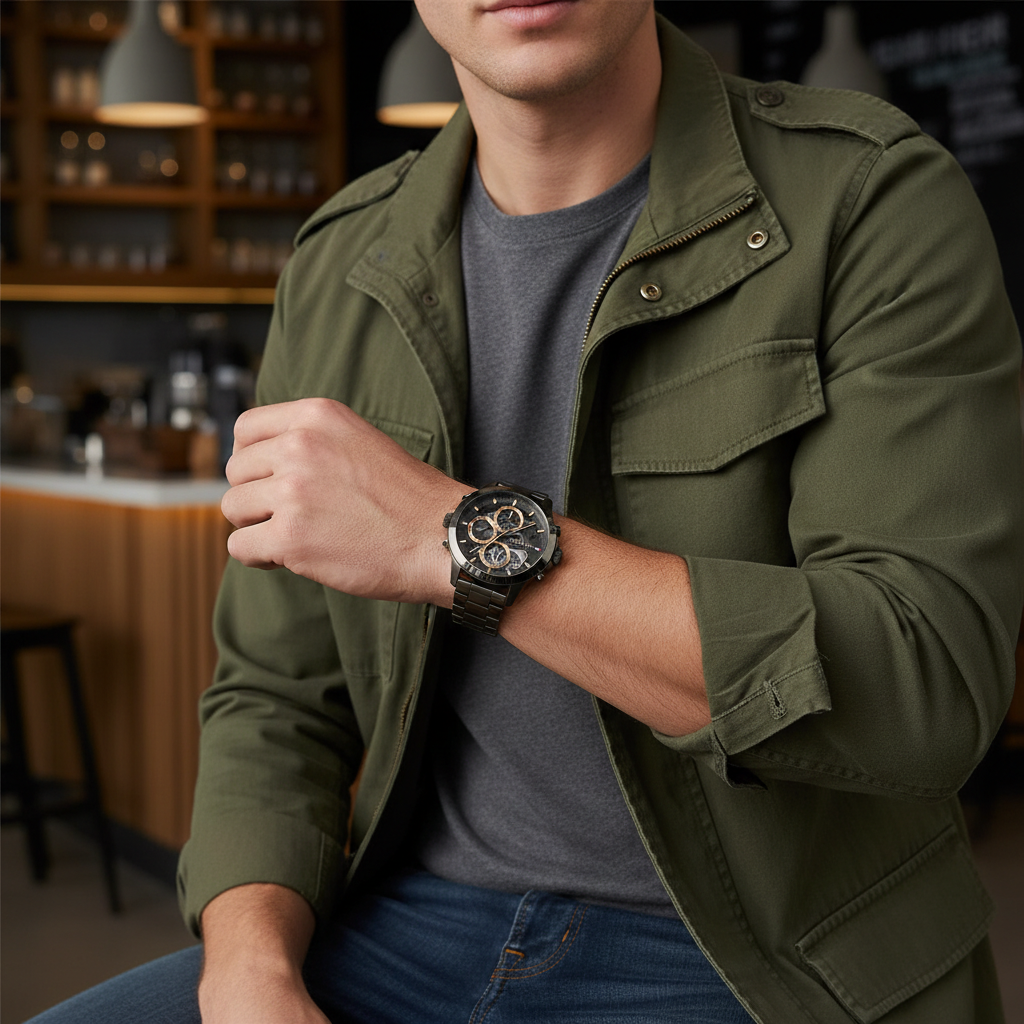 Male model wearing Tommy Hilfiger 1710479 gunmetal skeleton watch with a modern stylish outfit