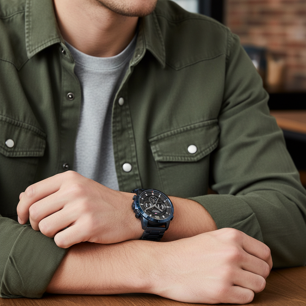 Male model wearing Tommy Hilfiger Luca 1710493 oversized blue watch with a casual rugged outfit