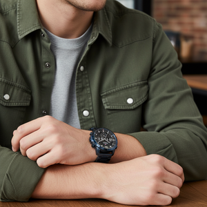 Male model wearing Tommy Hilfiger Luca 1710493 oversized blue watch with a casual rugged outfit