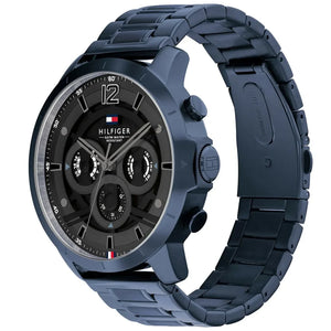 Side view of Tommy Hilfiger 1710493 showing the blue ion-plated crown and 12mm case thickness