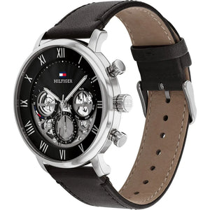 Left side perspective of the Tommy Hilfiger 1710565 skeleton dial and leather strap
