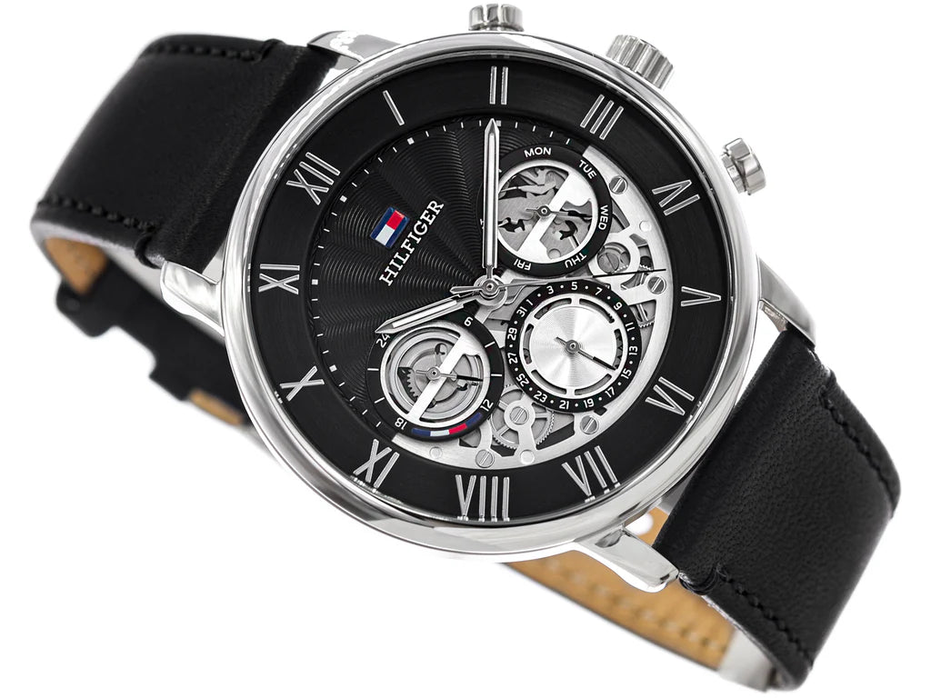 Angled view of the Tommy Hilfiger 1710565 highlighting the polished silver-tone case and crown