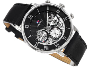 Angled view of the Tommy Hilfiger 1710565 highlighting the polished silver-tone case and crown