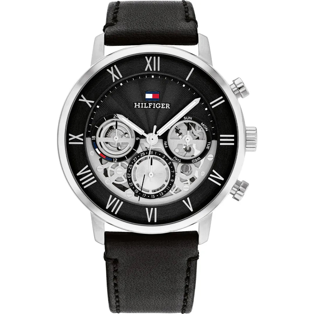 Tommy Hilfiger Legend 1710565 men's watch with black leather strap and skeleton dial