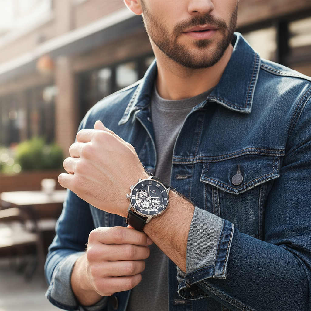Male model wearing Tommy Hilfiger 1710565 black leather skeleton watch with a formal suit