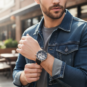 Male model wearing Tommy Hilfiger 1710565 black leather skeleton watch with a formal suit