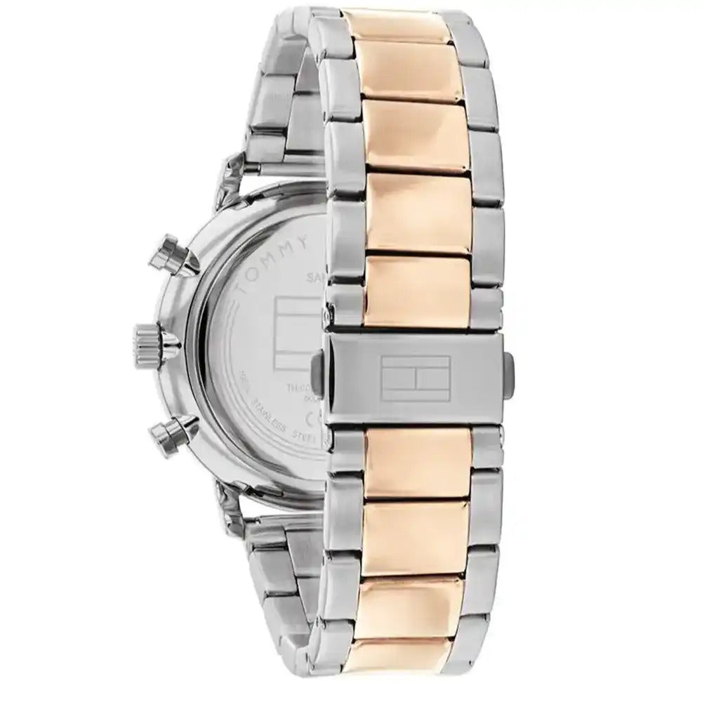 Left side perspective of the Tommy Hilfiger 1710570 skeleton dial and two-tone bracelet